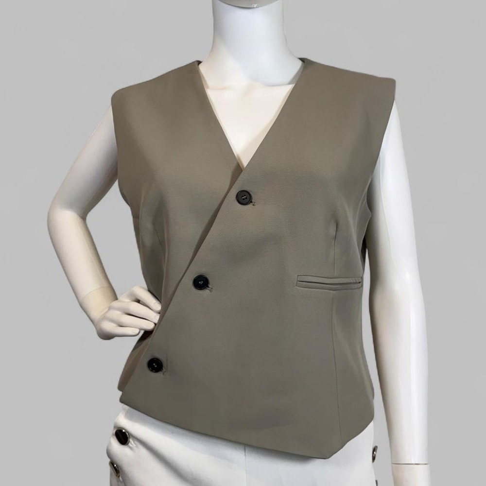Commense Asymmetric Button Front Vest Olive Taupe Sleeveless‎ Waistcoat